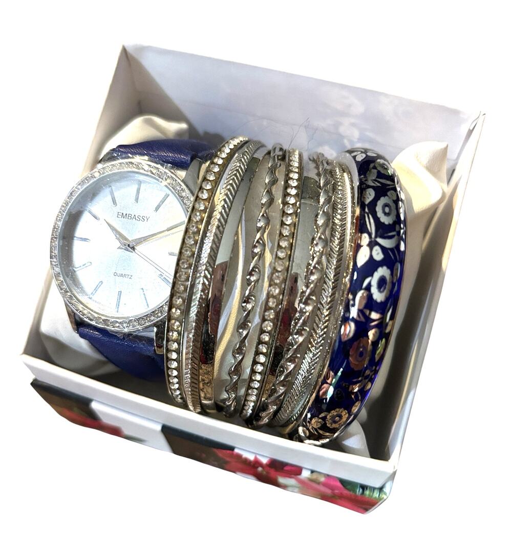 9-piece Elegant Blue Fashion Watch & Bangle Bracelet Set | NEW in Gift Box